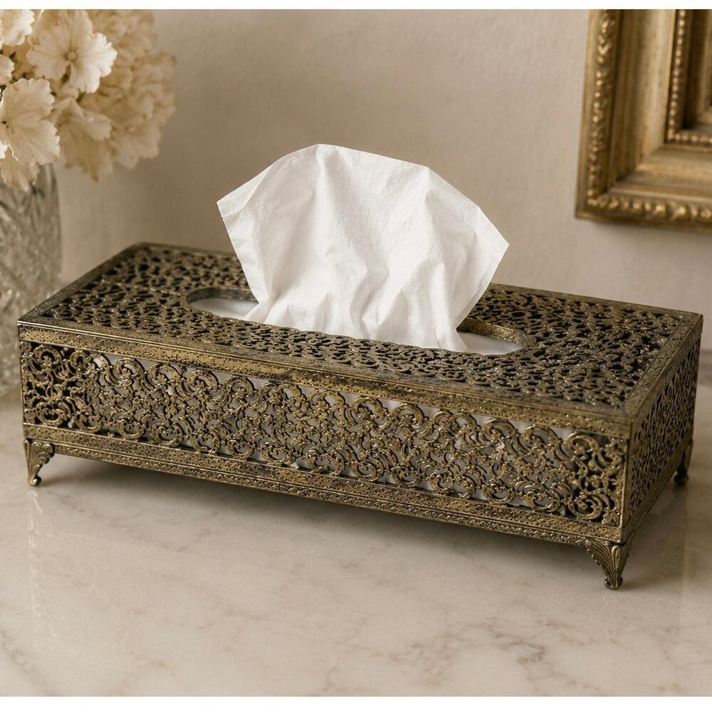 Metal Filigree Brass Kleenex Box Holder Hollywood Regency Maximalist Style